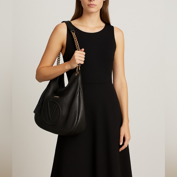 Valentino Black Leather Hobo Bag Gold Chain Strap Tassel...